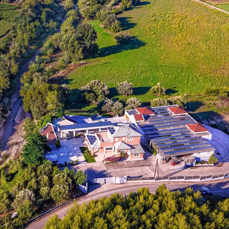 Ktima Brintziki winery from above, surrounded by trees and vines